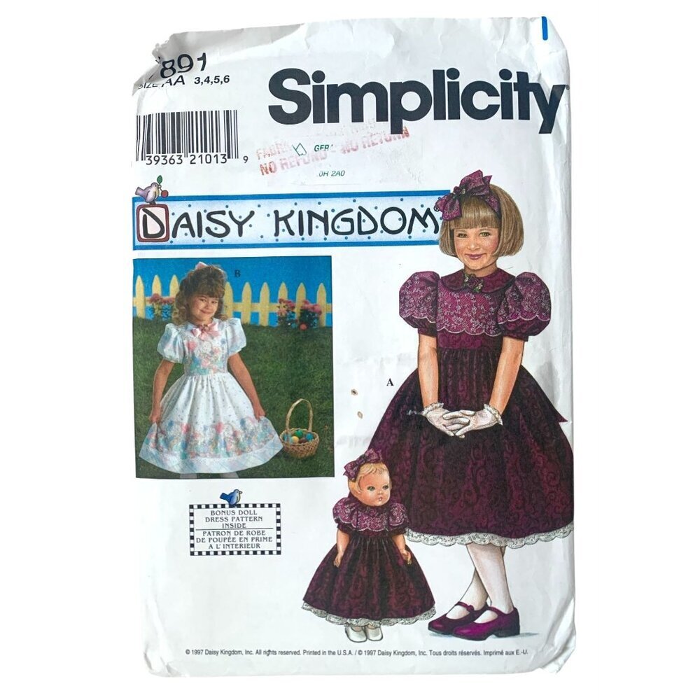 Simplicity 7891 Pattern Girls Party Dress Daisy Kingdom Doll Dress Size 3 4 5 6